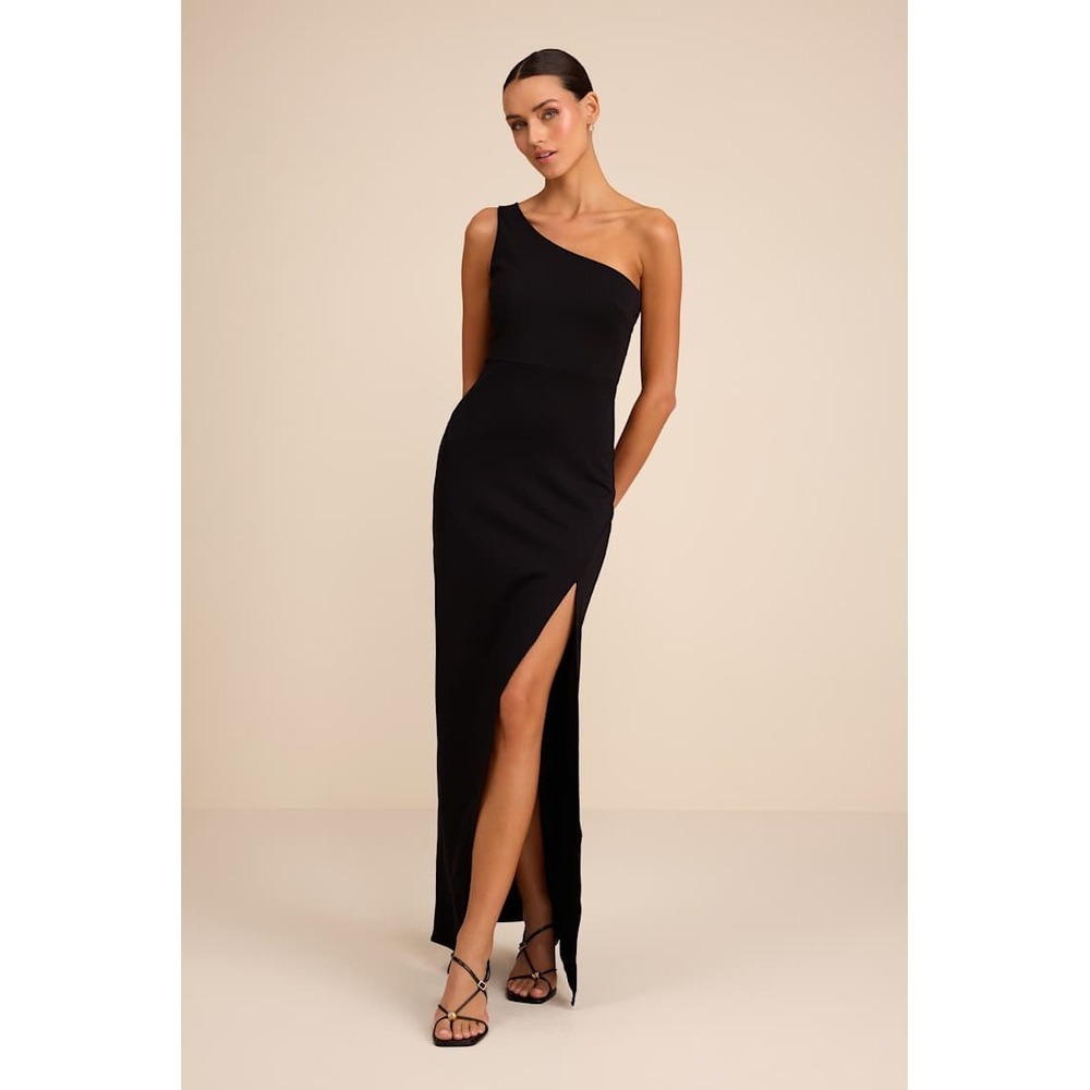 NWT Lulus Black One Shoulder Maxi Dress High Slit Sz L‎ BD90759L Good Times Only